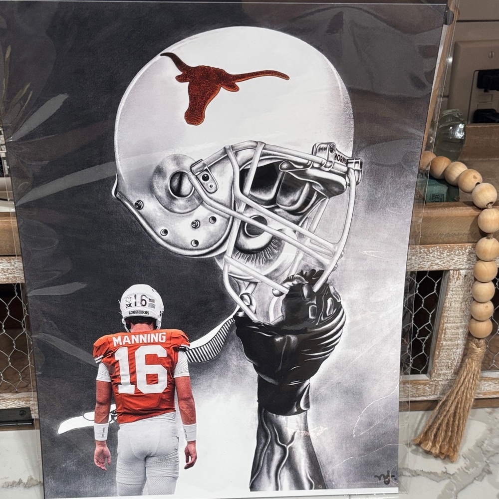 Football Art Print with Helmet and Player Arch Manning longhorn football